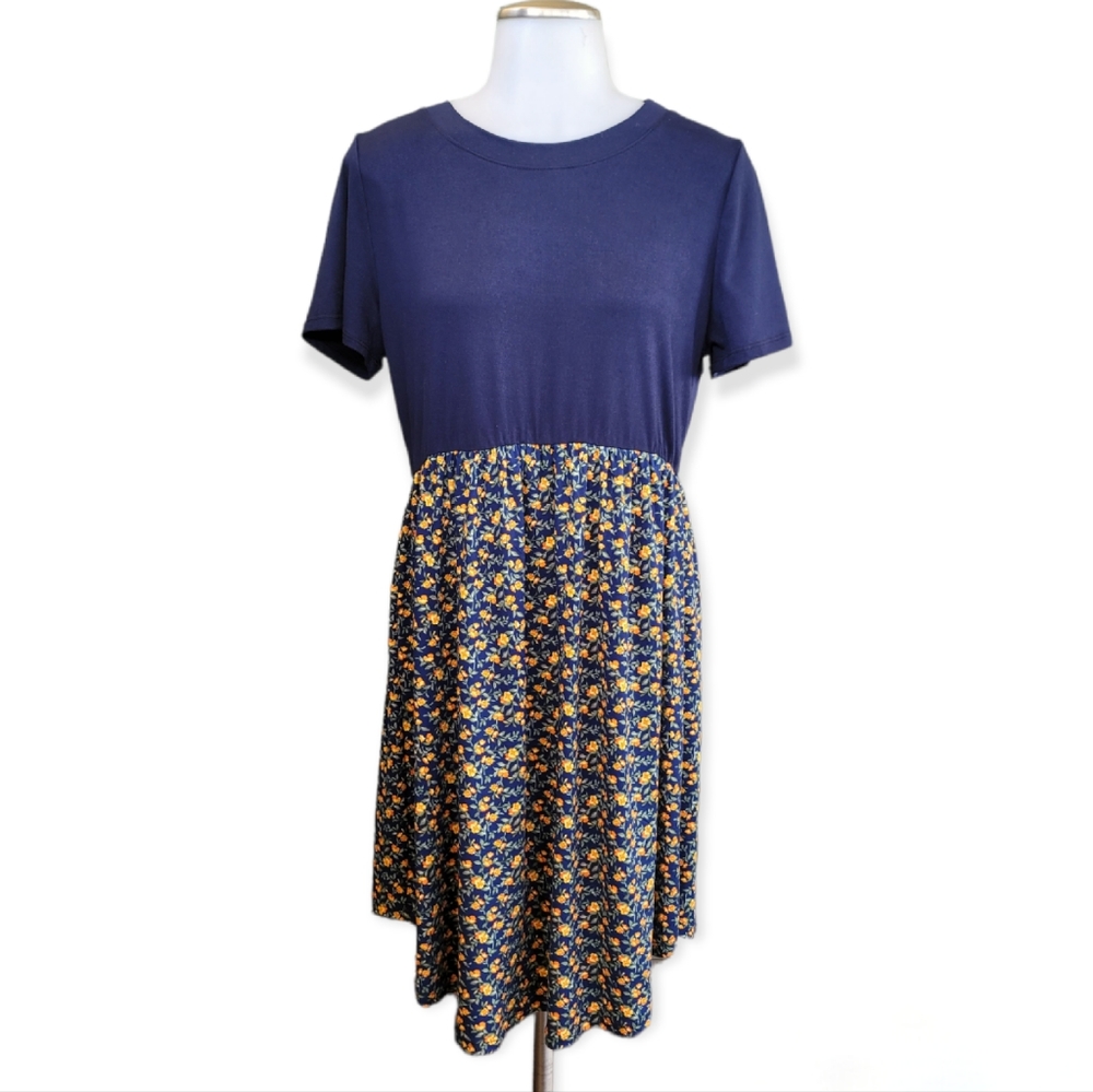 Navy & Orange Short Sleeve Floral Midi Dress